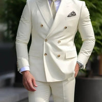 Premium brown men's bespoke double-breasted slim fit formal suit set by MANDOTOS INTERNATIONAL, shown on a mannequin.