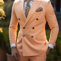 Premium brown men's bespoke double-breasted slim fit formal suit set by MANDOTOS INTERNATIONAL, tailored with sharp lapels and structured fit.