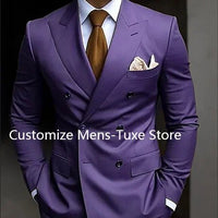 Premium brown men's bespoke double-breasted slim fit formal suit set by MANDOTOS INTERNATIONAL, shown on a mannequin.