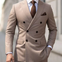 Premium brown men's bespoke double-breasted slim fit formal suit set by MANDOTOS INTERNATIONAL, displayed on a hanger.