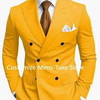Premium brown men's bespoke double-breasted slim fit formal suit set by MANDOTOS INTERNATIONAL, shown on a mannequin.
