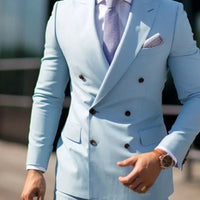 Premium brown men's bespoke double-breasted slim fit formal suit set by MANDOTOS INTERNATIONAL, displayed on a mannequin.
