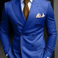 Premium brown men's bespoke double-breasted slim fit formal suit set by MANDOTOS INTERNATIONAL, displayed on a hanger.
