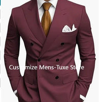 Premium brown men's bespoke double-breasted slim fit formal suit set by MANDOTOS INTERNATIONAL, shown on a model.
