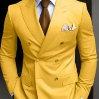 Premium brown men's bespoke double-breasted slim fit formal suit set by MANDOTOS INTERNATIONAL, shown on a hanger.