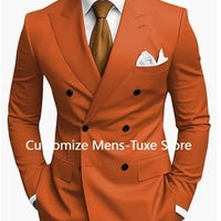 Premium brown men's bespoke double-breasted slim fit formal suit set by MANDOTOS INTERNATIONAL, shown on a mannequin.