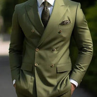 Premium brown men's bespoke double-breasted slim fit formal suit set by MANDOTOS INTERNATIONAL, shown on a mannequin.