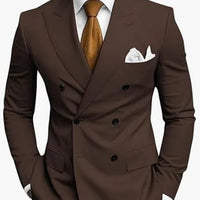 Premium brown men's bespoke double-breasted slim fit formal suit set by MANDOTOS INTERNATIONAL, shown on a mannequin.