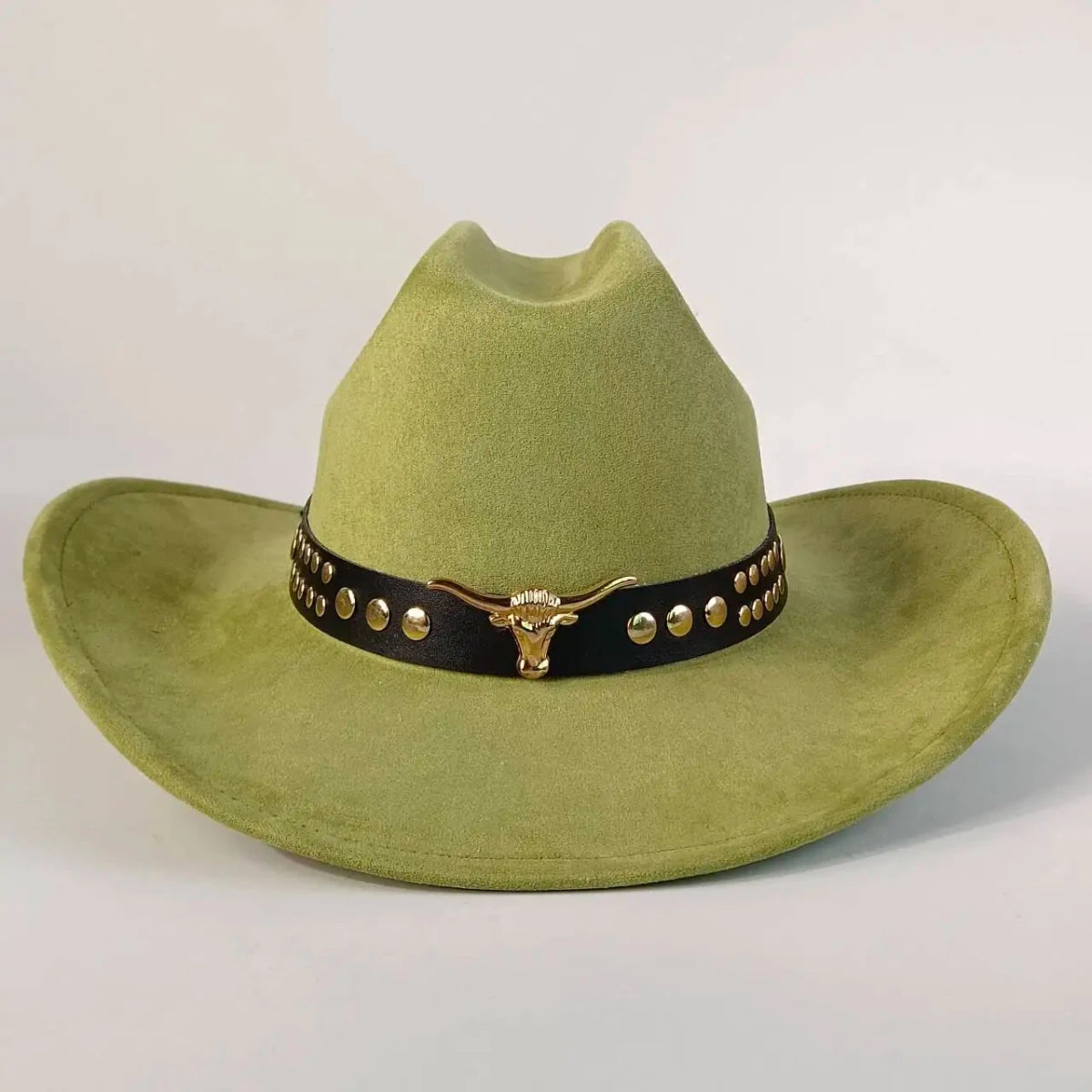 Premium suede cowboy hat by MANDOTOS INTERNATIONAL, stylish outdoor hat for men and women with a wide brim and decorative band.