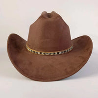 Premium suede cowboy hat by MANDOTOS INTERNATIONAL, stylish outdoor hat for men and women, featuring a wide brim and classic cowboy design.