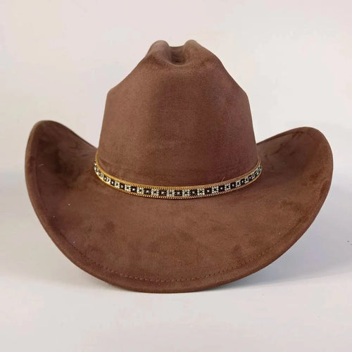 Premium suede cowboy hat by MANDOTOS INTERNATIONAL, stylish outdoor hat for men and women, featuring a wide brim and classic cowboy design.
