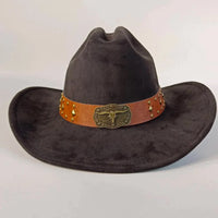 Premium suede cowboy hat by MANDOTOS INTERNATIONAL, stylish unisex hat for outdoor festivities, featuring a wide brim and classic design.