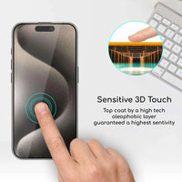 Mandotos International premium clear tempered glass screen protector for iPhone 11-17, showing a sleek, transparent film covering the phone screen.