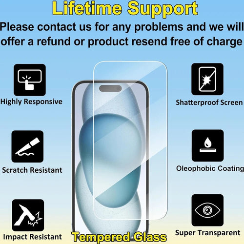 Clear tempered glass screen protector for iPhone 11-17 from MANDOTOS INTERNATIONAL, showing a sleek, transparent film on an iPhone screen.
