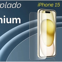 Clear glass screen protector for iPhone 11-17 by MANDOTOS INTERNATIONAL, showing the sleek, transparent film covering the phone screen.