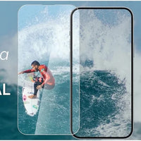 Clear tempered glass screen protector for iPhone 11-17 by MANDOTOS INTERNATIONAL, showcasing a sleek, edge-to-edge transparent film.