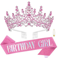 Princess pink rhinestone birthday tiara and crown set from MANDOTOS INTERNATIONAL, featuring sparkling rhinestones and a regal design.