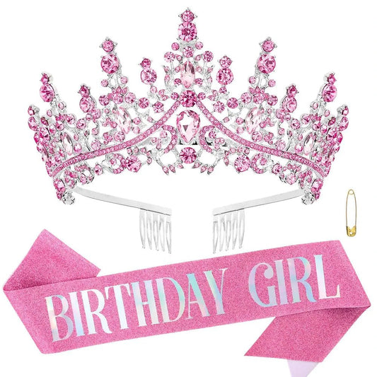 Pink rhinestone princess tiara and crown set by MANDOTOS INTERNATIONAL, perfect for birthday celebrations and royal dress-up.