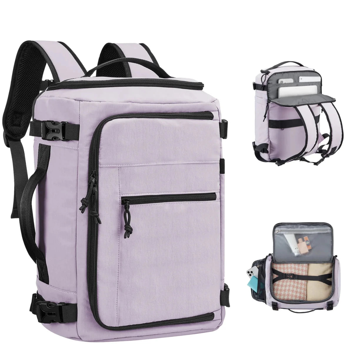 Purple waterproof travel backpack by MANDOTOS INTERNATIONAL, lightweight with large capacity for men and women, shown with multiple compartments.