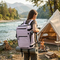Purple waterproof travel backpack by MANDOTOS INTERNATIONAL, lightweight with large capacity for men and women, shown on a person.