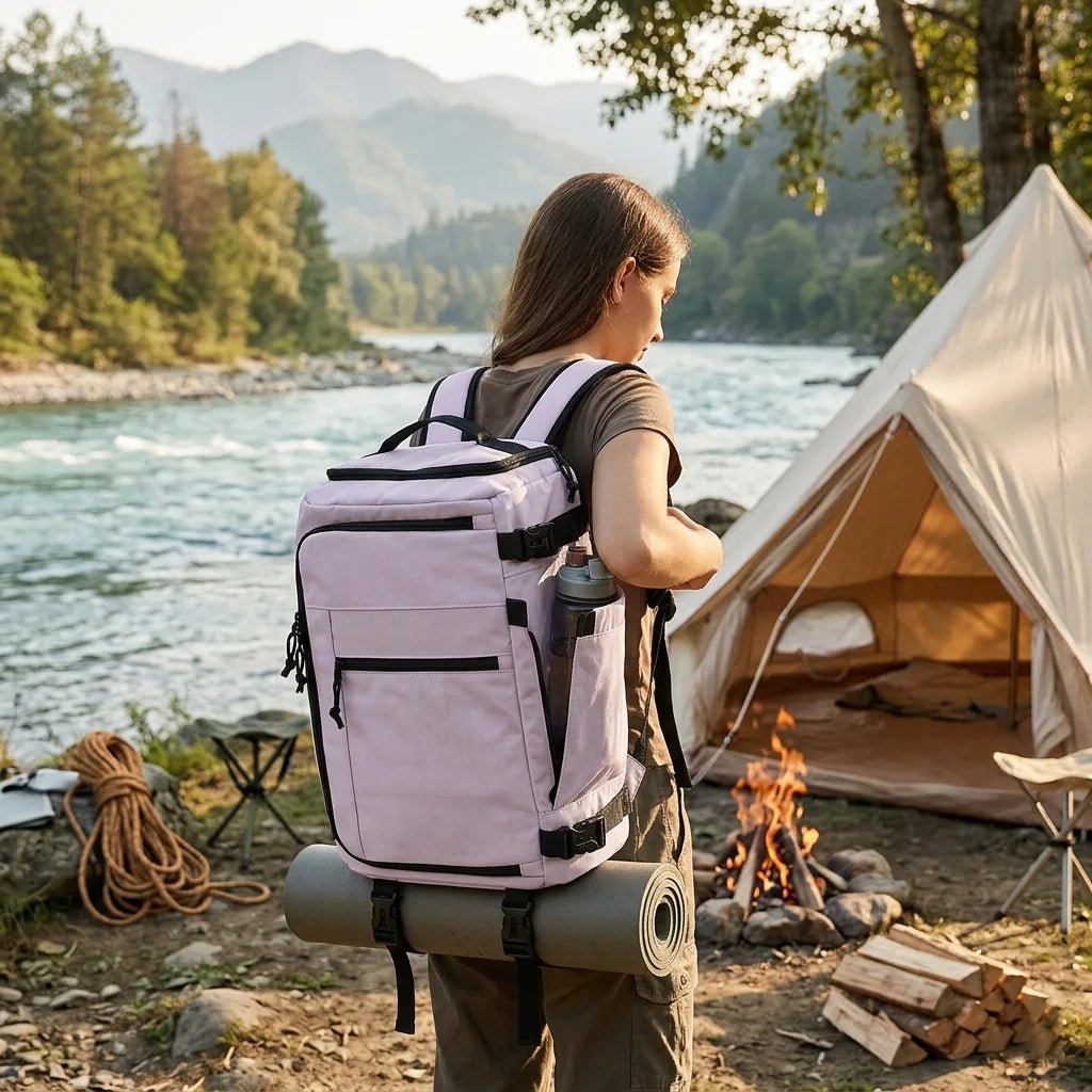 Purple waterproof travel backpack by MANDOTOS INTERNATIONAL, lightweight with large capacity for men and women, shown on a person.