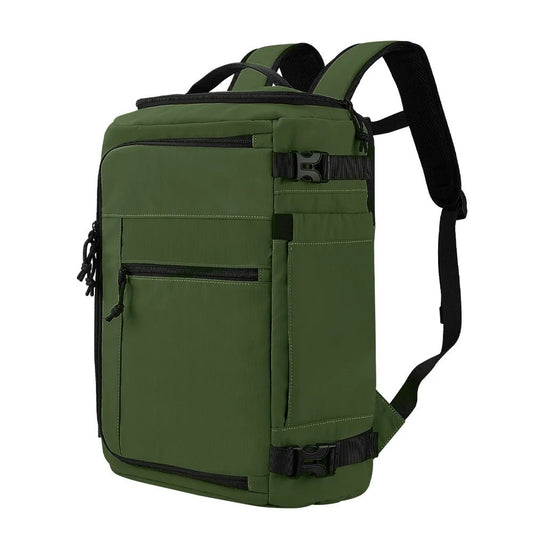 Purple waterproof travel backpack by Mandotos International, lightweight and large capacity for men and women, shown with multiple compartments.