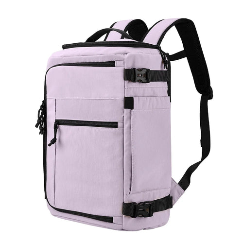 Purple waterproof travel backpack by MANDOTOS INTERNATIONAL, lightweight, large capacity, suitable for men and women, shown from side view.