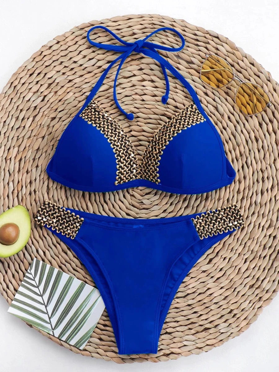 Mandotos International push-up bikini set for women, Brazilian thong swimwear with halter top, perfect for beach and pool swimming.