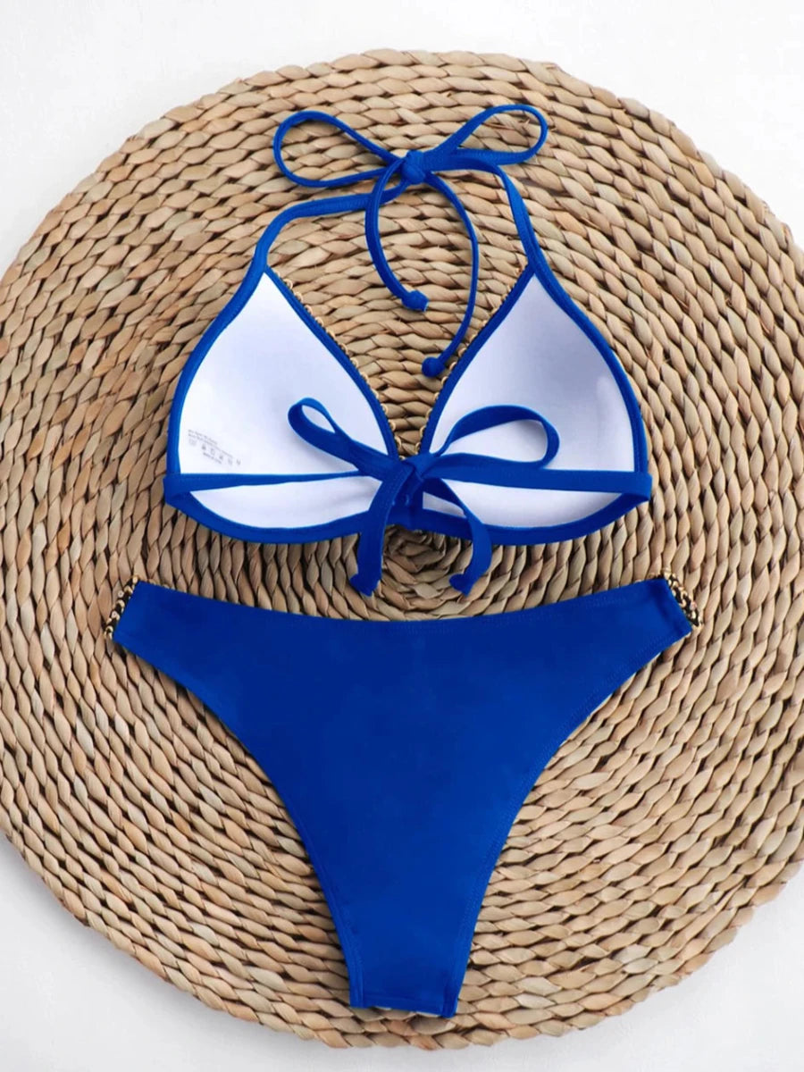 Mandotos International push-up bikini set for women, Brazilian thong swimsuit with halter top, ideal for beach and swimming.