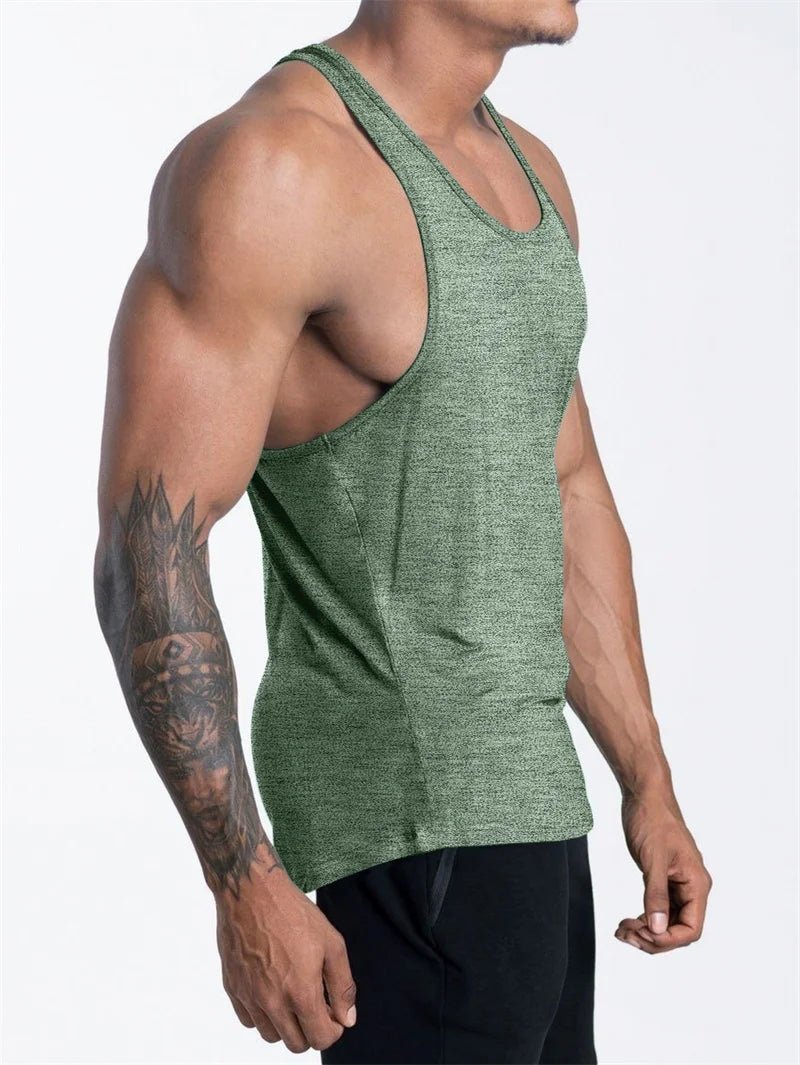 Mandotos International men's quick dry sports tank top, ideal for gym, running, and basketball, shown on a model.