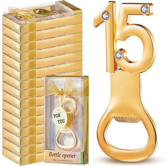 Set of 36 gold bottle openers with rhinestone decorations for QuinceGold 15th birthday party favors, by MANDOTOS INTERNATIONAL.