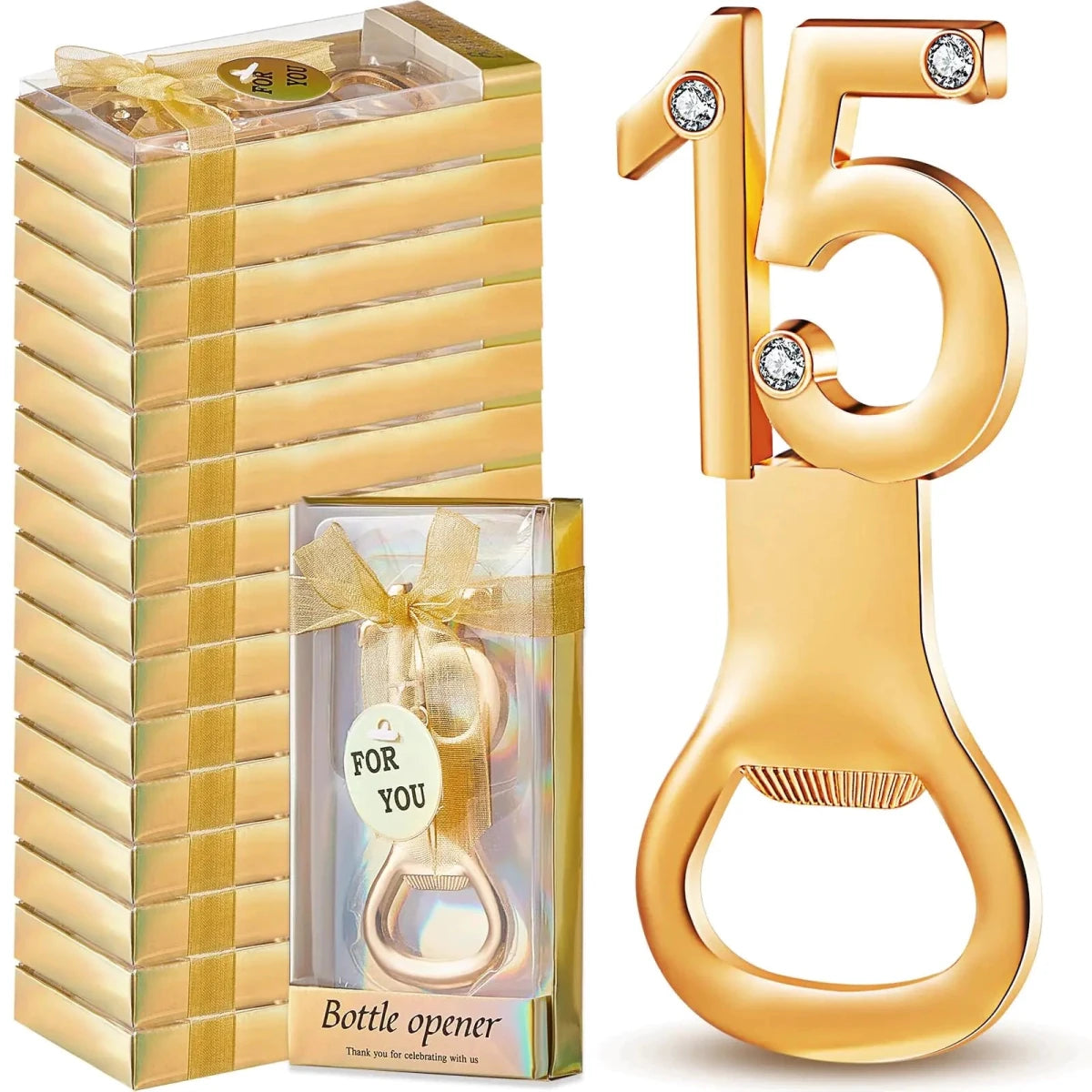 Set of 36 gold bottle openers with rhinestone decorations, perfect for QuinceGold 15th birthday party favors by MANDOTOS INTERNATIONAL.