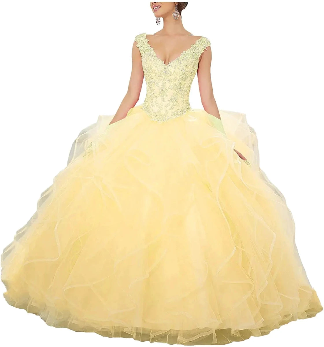 Elegant yellow Quinceanera prom gown by MANDOTOS INTERNATIONAL featuring intricate details and flowing fabric.