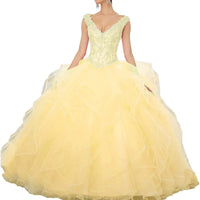 Elegant yellow Quinceañera prom gown by MANDOTOS INTERNATIONAL, featuring a flowing design and intricate details.