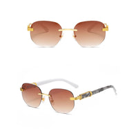 Retro square hip hop sunglasses with gold rimless frames, unisex fashion shades by MANDOTOS INTERNATIONAL.