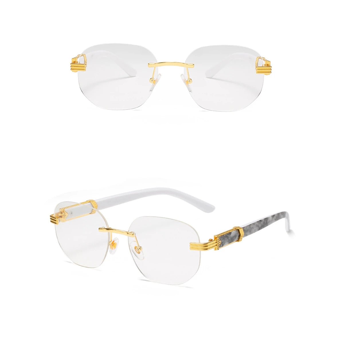 Retro square hip hop sunglasses with gold rimless design by MANDOTOS INTERNATIONAL, suitable for men and women fashion style.