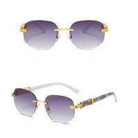 Retro square hip hop sunglasses with gold rimless frames, stylish unisex fashion shades by Mandotos International.