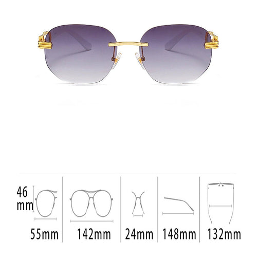 Retro square hip hop sunglasses with gold rimless frames, unisex fashion shades by MANDOTOS INTERNATIONAL.