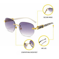 Retro square hip hop sunglasses with gold rimless frames, unisex fashion eyewear by Mandotos International.