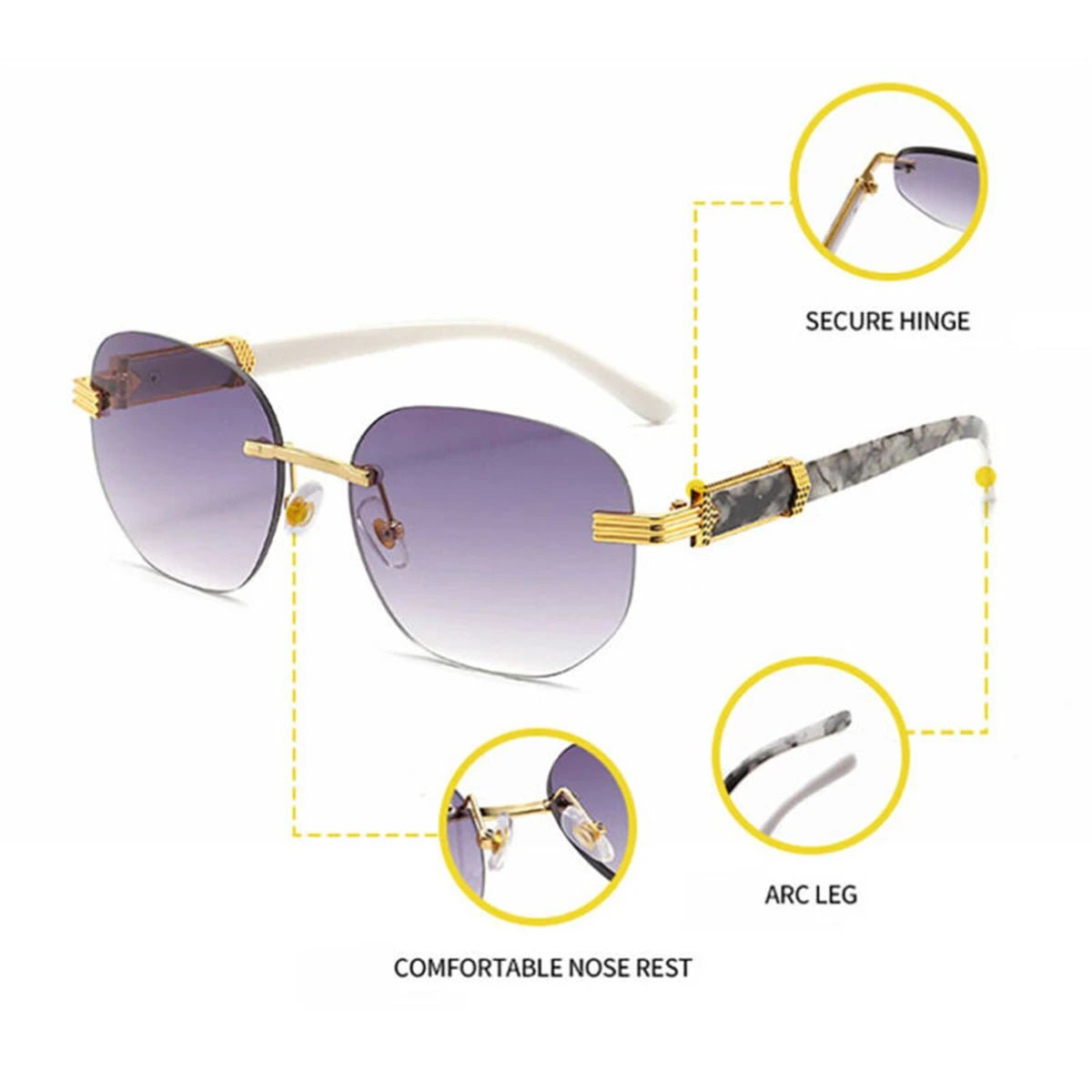 Retro square hip hop sunglasses with gold rimless frames, unisex fashion eyewear by Mandotos International.