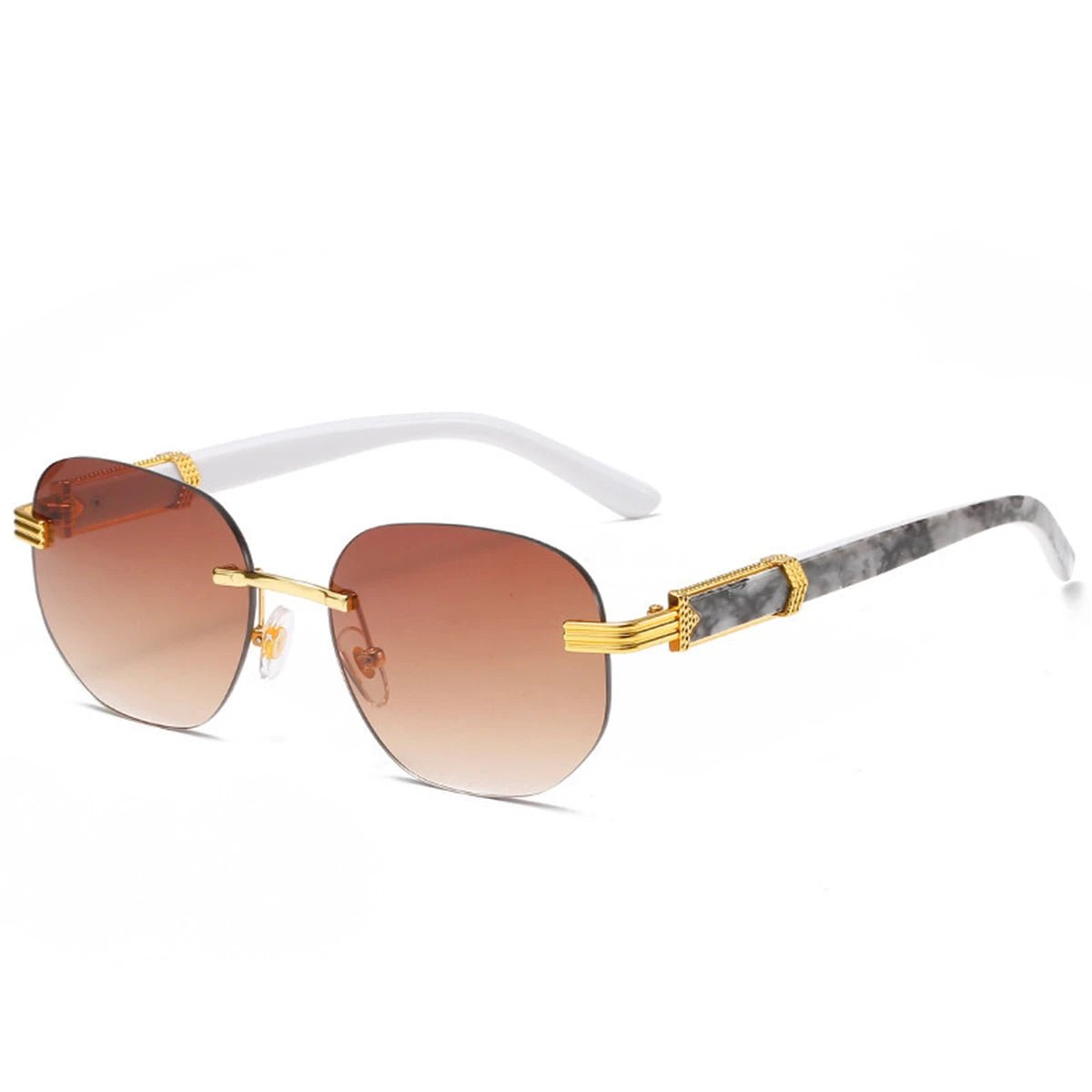 Retro square hip hop sunglasses with gold rimless frames by MANDOTOS INTERNATIONAL, suitable for men and women.