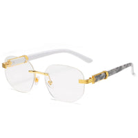 Retro square hip hop sunglasses with gold rimless frames, unisex fashion shades by Mandotos International.