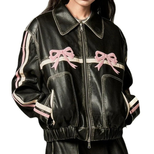 Mandotos International Rider's Bow Leather Jacket featuring a sleek black design and classic motorcycle style.