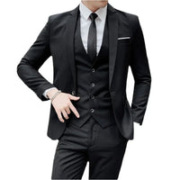 Mandotos International men's formal business suit with blazer, vest, and pants in navy, displayed on a model.