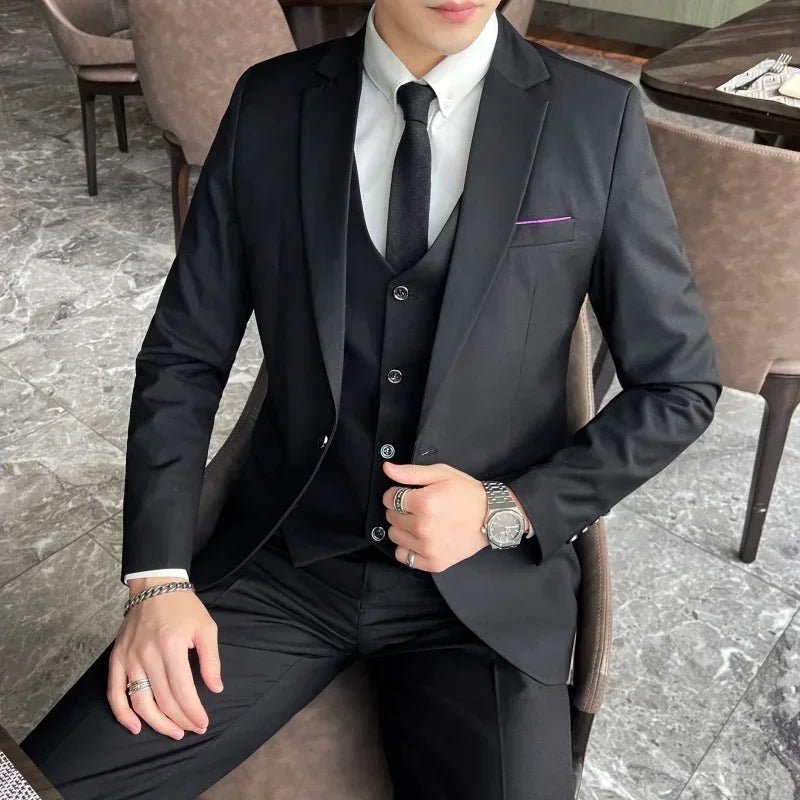 Mandotos International men's formal business suit with blazer, vest, and pants in S-9XL size, featuring a professional Korean style.