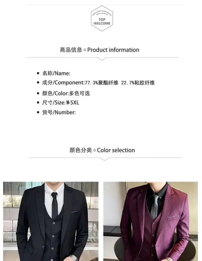 Mandotos International men's formal suit set with blazer, vest, and pants in black, tailored for business and banquet occasions.