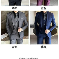 Mandotos International men's formal suit set with blazer, vest, and pants in black, tailored for business and special occasions.