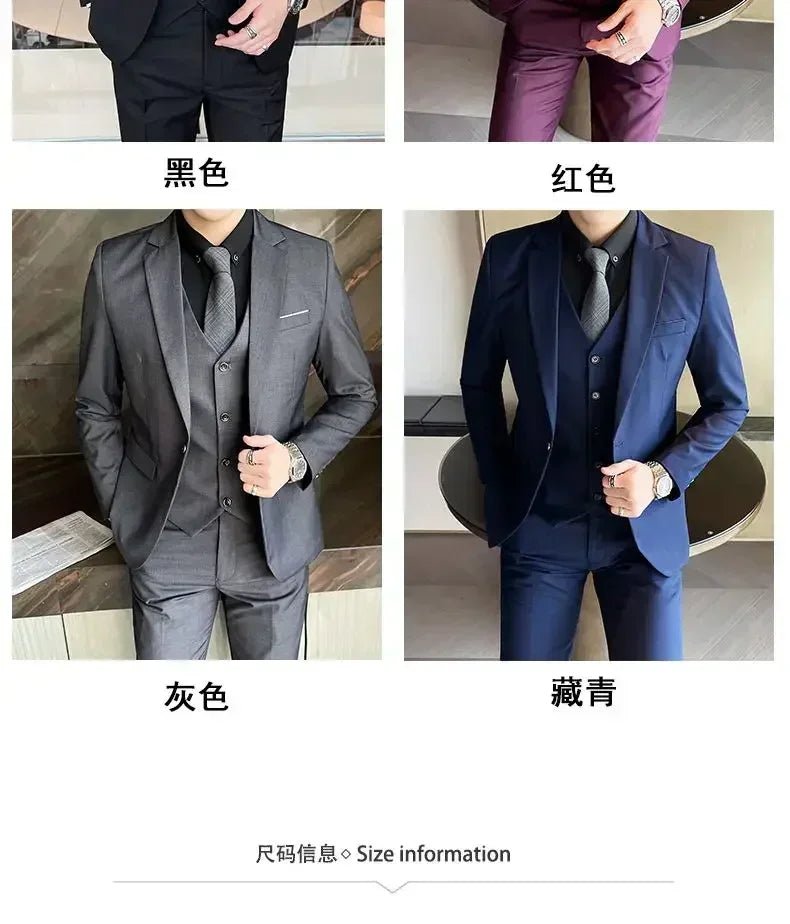 Mandotos International men's formal suit set with blazer, vest, and pants in black, tailored for business and special occasions.