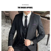 Mandotos International men's formal dress suit with blazer, vest, and pants, in black for business or banquet occasions.