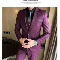 Mandotos International men's formal dress suit with blazer, vest, and pants in navy, tailored for professional business or banquet occasions.